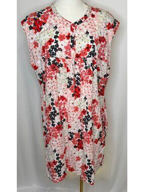 Anne Klein AK Jeans Floral Sleeveless Cotton Dress XL Red White Black Pockets